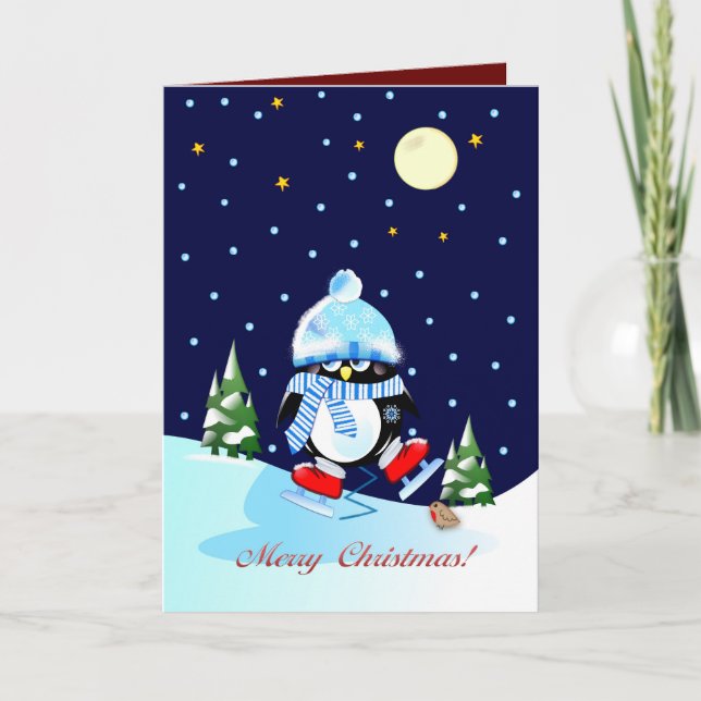 Skaten-Pinguin mit Weihnachtsstext Feiertagskarte (Vorderseite)