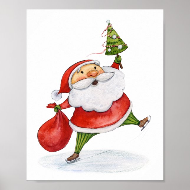 Skaten Santa Niedliche Weihnachtswasserfarbe zeich Poster (Vorne)