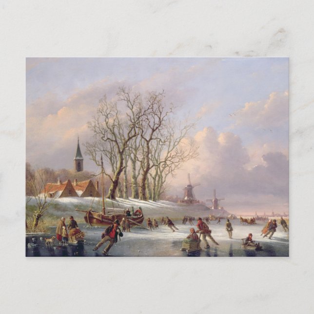 Skater auf einem Frostfluss vor Windmühlen (Öl auf Postkarte (Vorderseite)