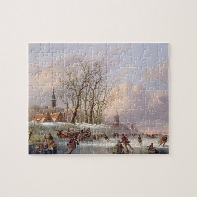 Skater auf einem gefrorenen Fluss vor Windmühlen (Horizontal)