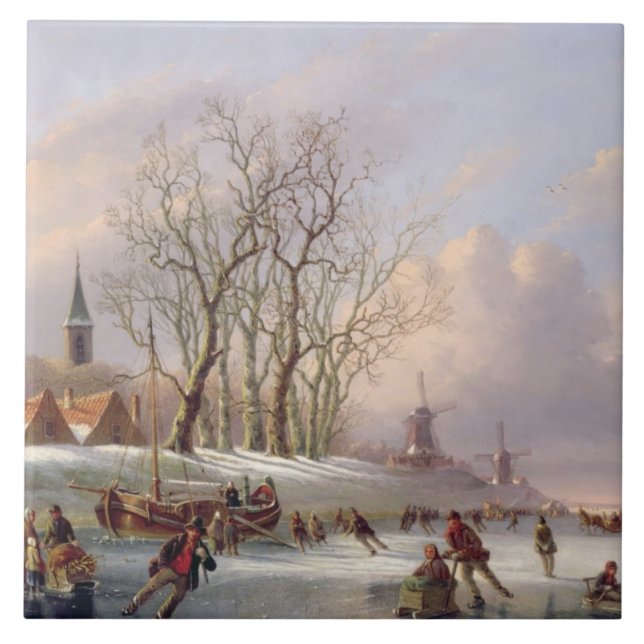 Skater auf einem gefrorenen Fluss vor Windmühlen Fliese (Vorderseite)