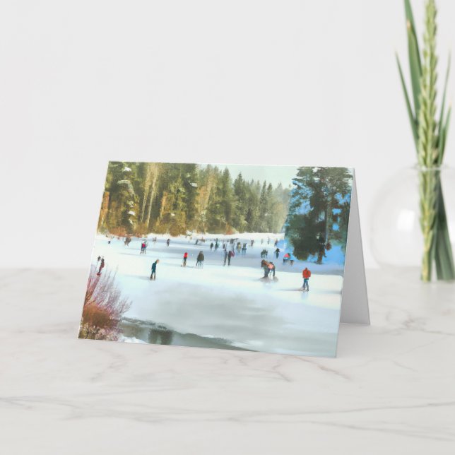 Skater auf einem Teich Wasserfarbener Winter Lands Karte (Vorderseite)