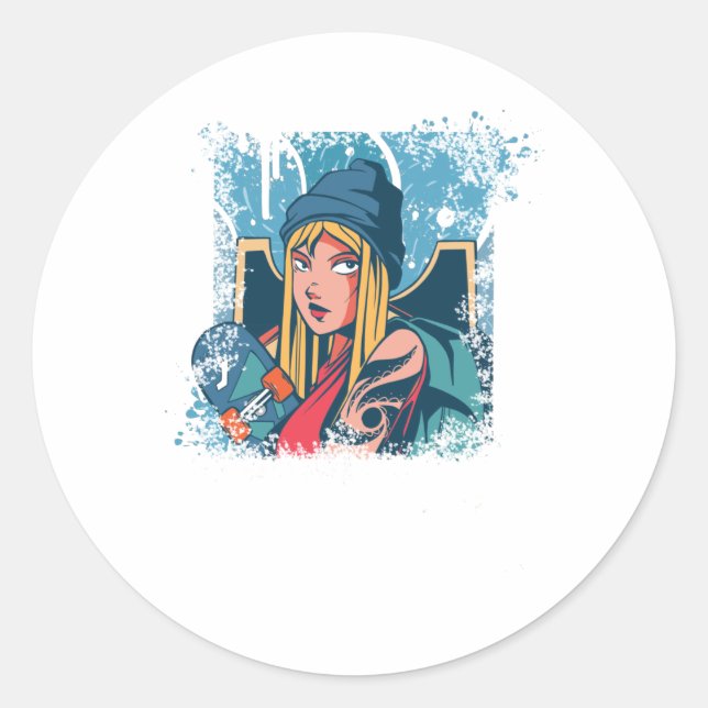 Skater Girl Anime Skateboard Frauengeschenk Runder Aufkleber (Vorderseite)