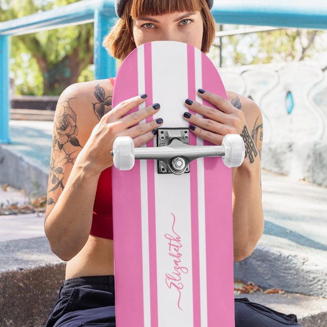 Skater Girl Pink White Racing Streifen Mit Monogra Skateboard (Skater Girl Pink White Racing Stripes Monogrammed Skateboard)