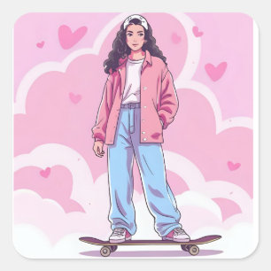Skater Girl Vibes - Pastellästhetische Collage Quadratischer Aufkleber