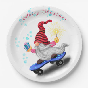 Skater Gnome mit Geschenken und Sparkler - Weihnac Pappteller