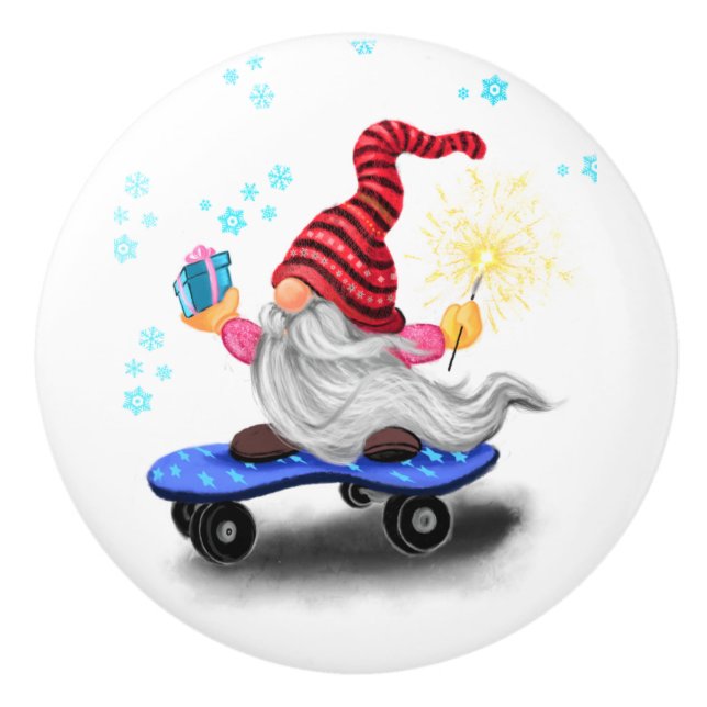 Skater Gnome mit Geschenken Weihnachts-Keramik Kno Keramikknauf (Vorderseite)