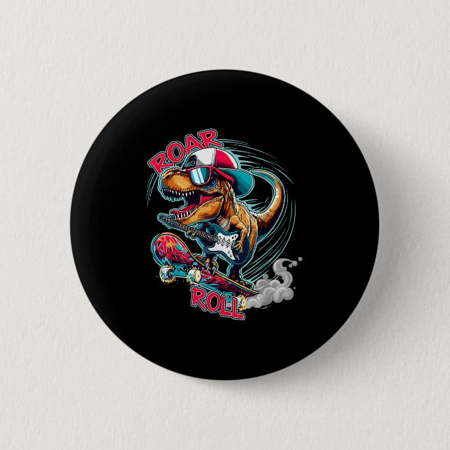 Skater Guitar T-rex Roar Roll Dinosaur For Boys Me Button (Vorderseite)