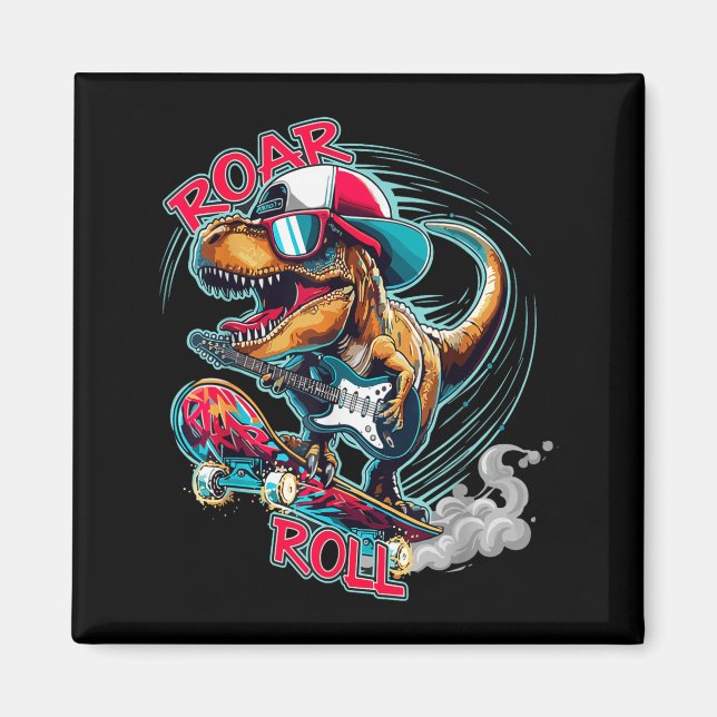 Skater Guitar T-rex Roar Roll Dinosaur For Boys Me Magnet (Vorne)