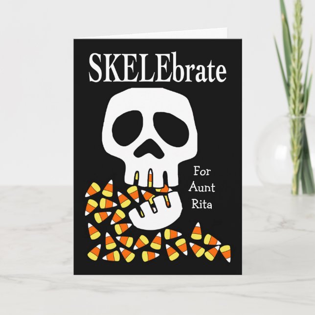SKELEbrate Halloween Schädel und Candy Corn für Ta Karte (Vorderseite)
