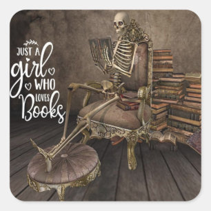 Skeletal Bookworm Girl Quadratischer Aufkleber