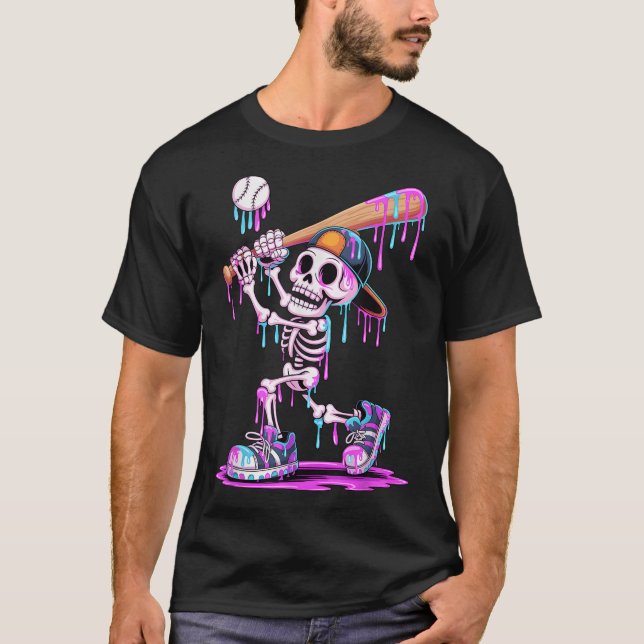 Skeleton Baseball Tropfen Boys Youth Kids Hallowee T-Shirt (Vorderseite)