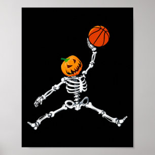 Skeleton Basketball Halloween Pumpkin Slam Dunk Poster