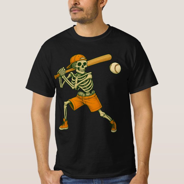 Skeleton Batting Baseball Halloween Mens Womens Ki T-Shirt (Vorderseite)