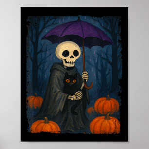 Skeleton Black Cat Lila Umbrella Pumpkin Hallowe Poster