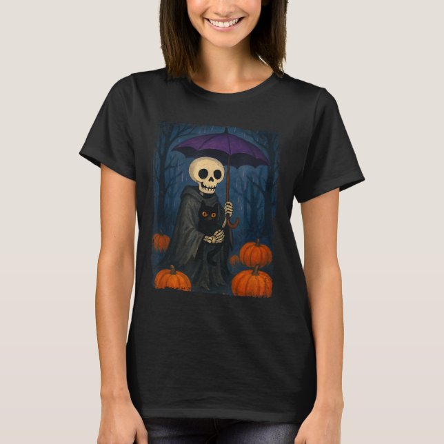 Skeleton Black Cat Lila Umbrella Pumpkin Hallowe T-Shirt (Vorderseite)