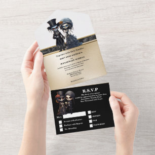 Skeleton Bridal Paar Gold schwarzen eleganten Got All In One Einladung