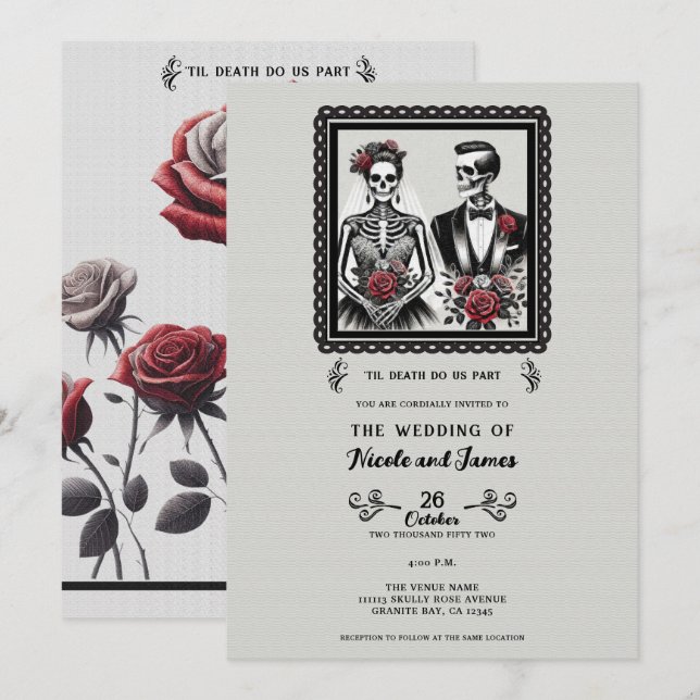Skeleton Bride & Groom Couple Gray Floral Wedding Einladung (Vorne/Hinten)
