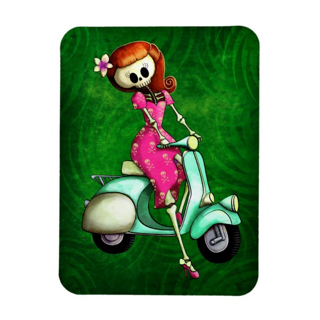 Skeleton Button Up Girl on Scooter Magnet (Vertikal)