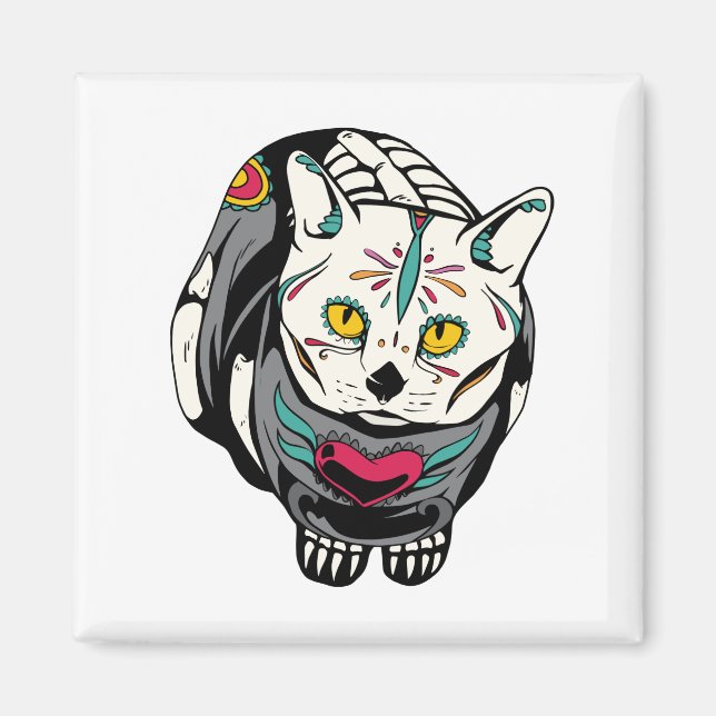 Skeleton Cat Geschenk für Dia de Muertos Skull Lie Magnet (Vorne)