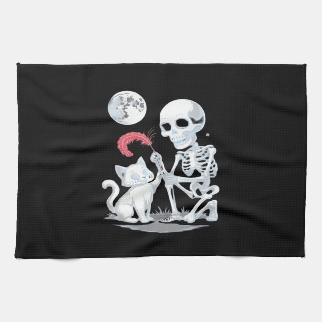 Skeleton Cat Halloween Funny Cute Spooky Essential Geschirrtuch (Horizontal)