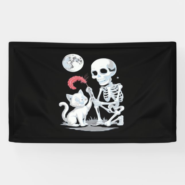 Skeleton Cat Halloween Funny Niedlich Spooky Essen Banner (Horizontal)