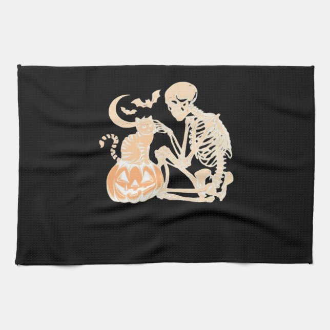 Skeleton Cat Skull kitty Cute Halloween Design Cla Geschirrtuch (Horizontal)