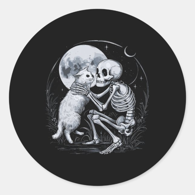 Skeleton Cat Skull Kitty Niedlich Goth Halloween C Runder Aufkleber (Vorderseite)