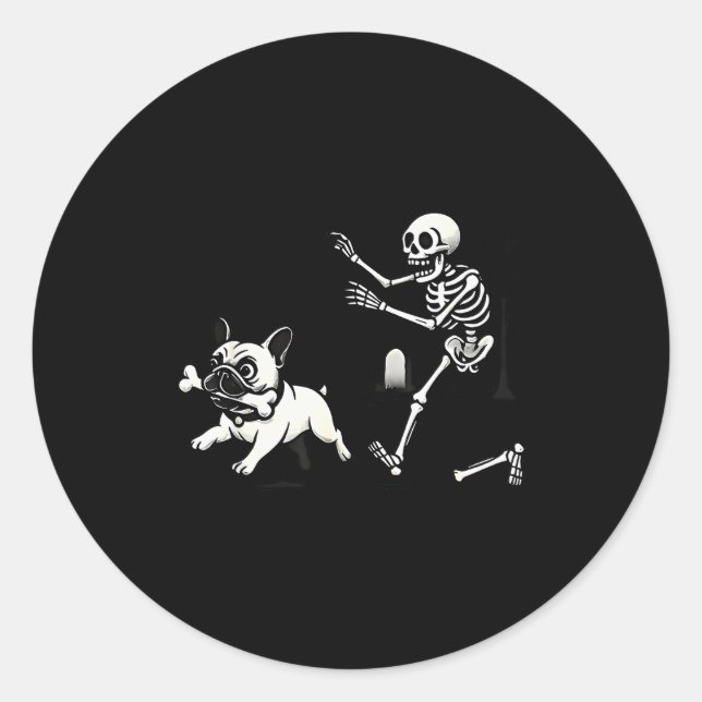Skeleton Chasing French Bulldog Biting Leg Bone Ha Runder Aufkleber (Vorderseite)