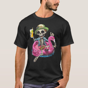 Skeleton Chilling on Flamingo Lifebuoy Halloween S T-Shirt