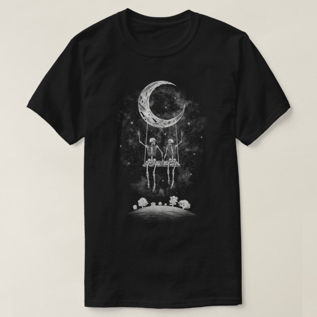 Skeleton Couple Holding Hängebänder Rock on Moon S T-Shirt (Design vorne)