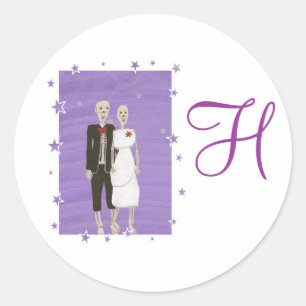 Skeleton Couple Monogram Wedding Siegel Runder Aufkleber