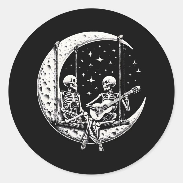Skeleton Couple Moon Guitar Runder Aufkleber (Vorderseite)