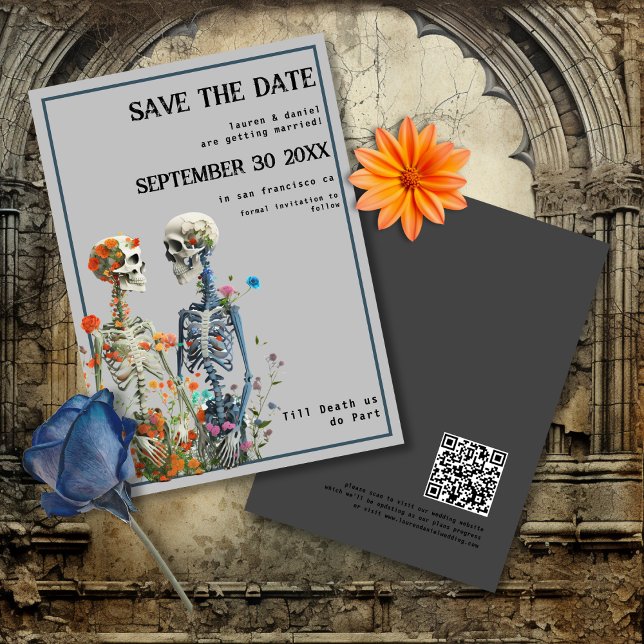 Skeleton Couple QR Code Gothic Wedding Save The Date (Front and back view, Gothic love. )