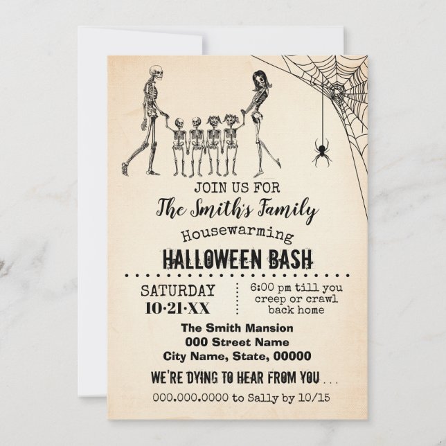 Skeleton Couple w 4 kids Halloween Housewarming Einladung (Vorderseite)