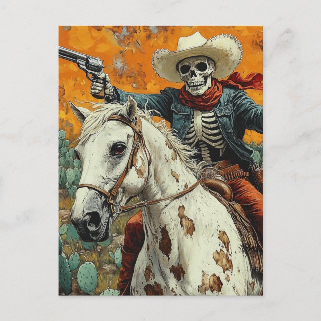Skeleton Cowboy auf einem Appaloosa Pferd Postkarte (Vorderseite)