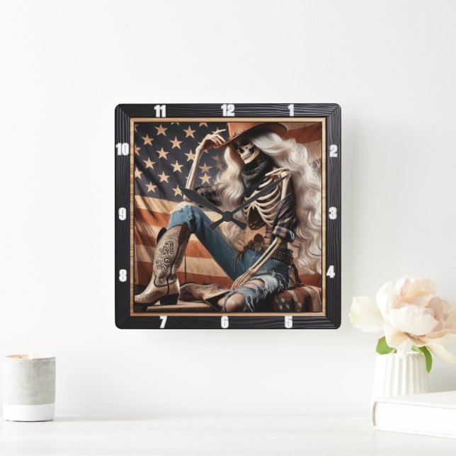 Skeleton Cowgirl Western Outfit Patriotic American Quadratische Wanduhr (Zuhause)