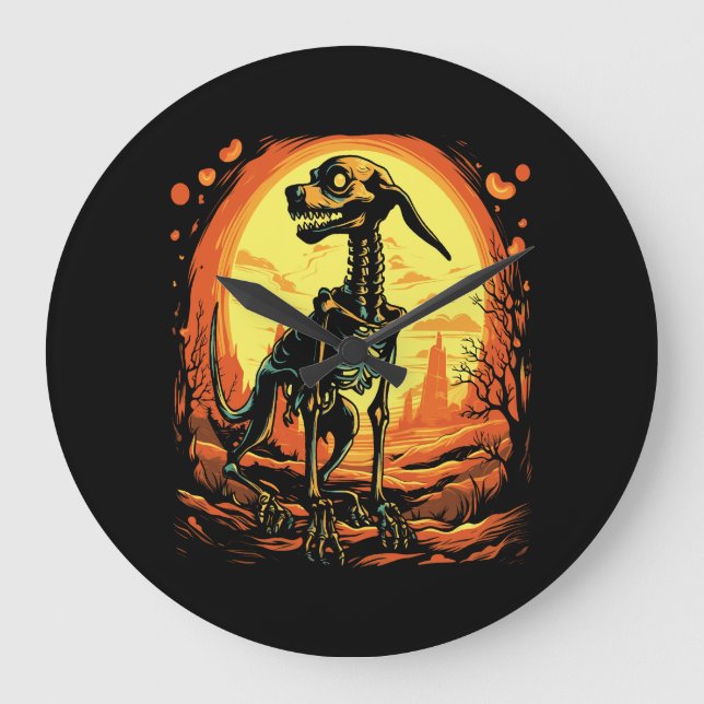 Skeleton Dog Halloween Art Große Wanduhr (Vorderseite)