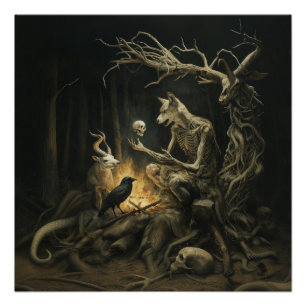 Skeleton Dog Moon Witchy AI Art Semi Gloss Poster