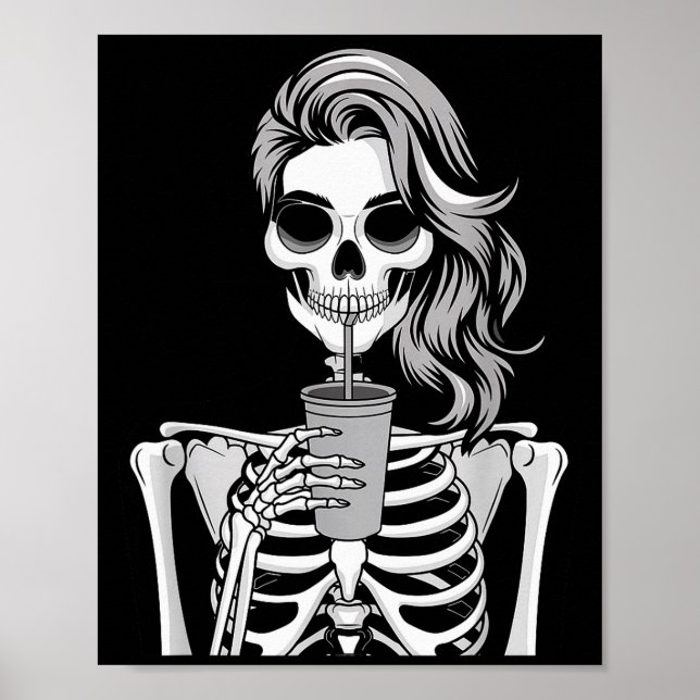 Skeleton Drinking Beverage Monochrome Gothic Hallo Poster (Vorne)