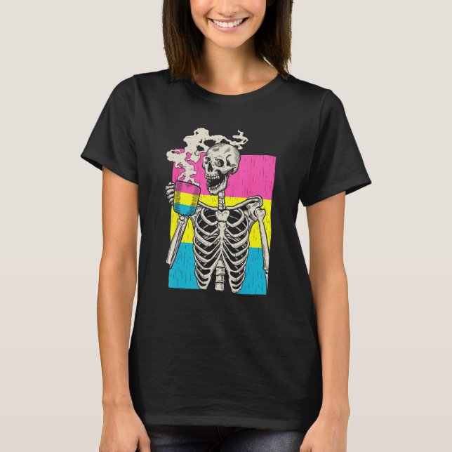 Skeleton Drinking Coffee LGBT Q Pansexual Pride Pa T-Shirt (Vorderseite)
