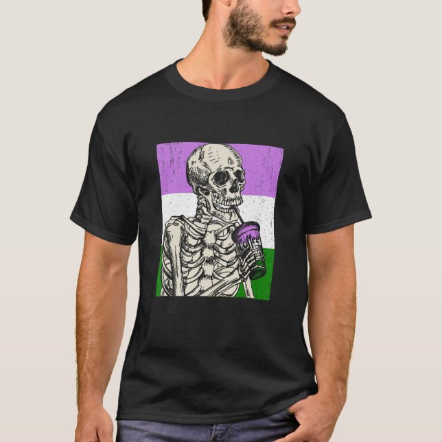 Skeleton Drinking Coffee LGBTQ Genderqueer Pride F T-Shirt (Vorderseite)