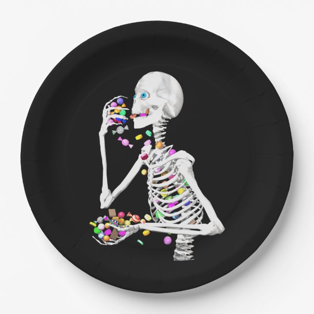 Skeleton Eating Halloween Candy Pappteller (Vorderseite)