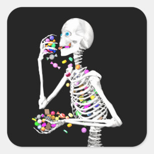 Skeleton Eating Halloween Candy Quadratischer Aufkleber