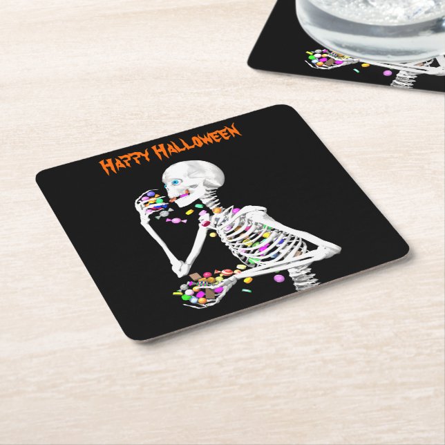 Skeleton Eating Halloween Candy Rechteckiger Pappuntersetzer (angewinkelt)