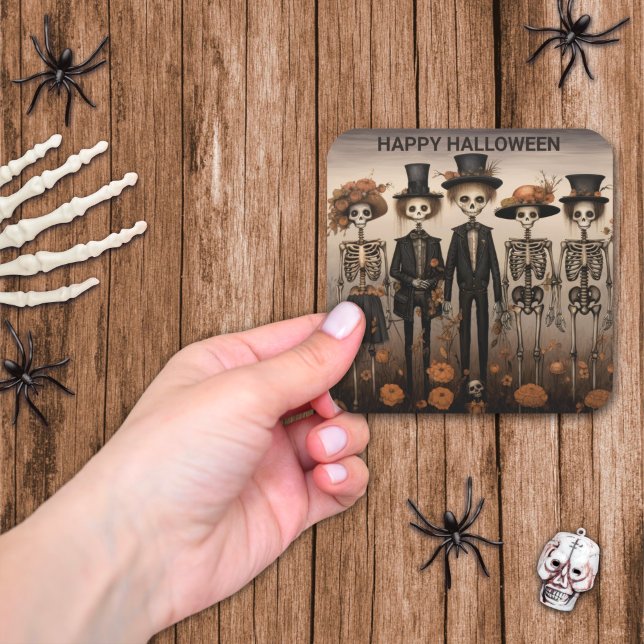 Skeleton Family Happy Halloween Quadratischer Aufkleber (Von Creator hochgeladen)