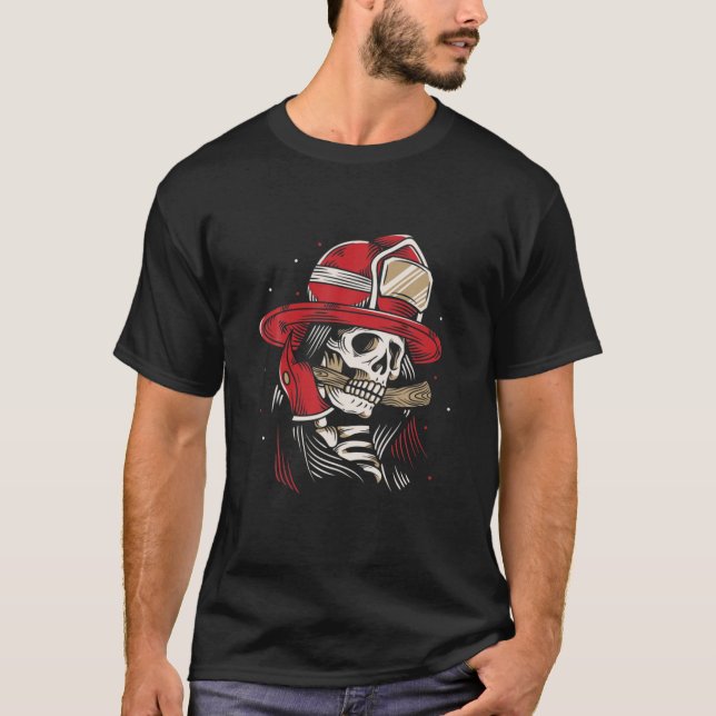 Skeleton Firefighter Lazy Halloween Kostümskull T-Shirt (Vorderseite)