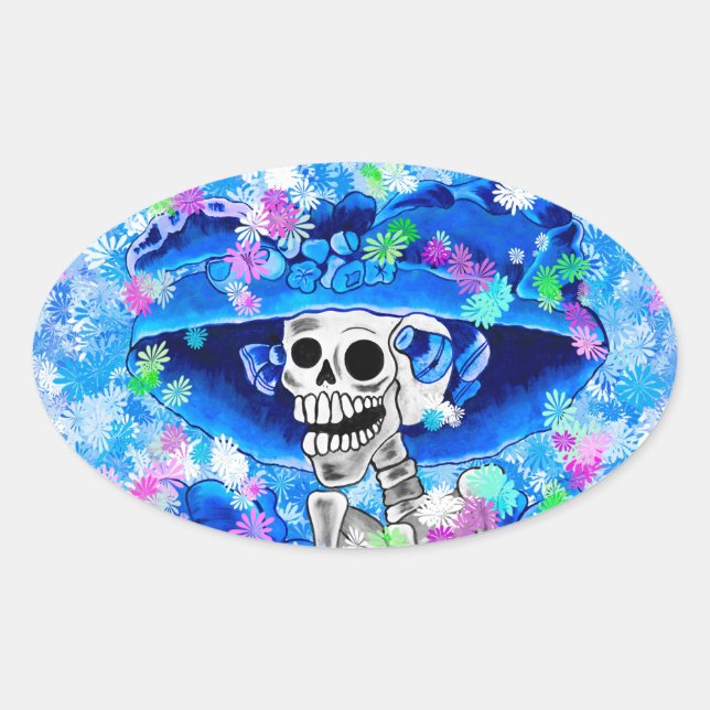 Skeleton-Frau in Blue Bonnet auf Blue Ovaler Aufkleber (Vorderseite)