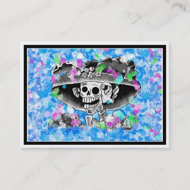 Skeleton-Frau in Bonnet auf blau lachen Visitenkarte (Vorderseite)