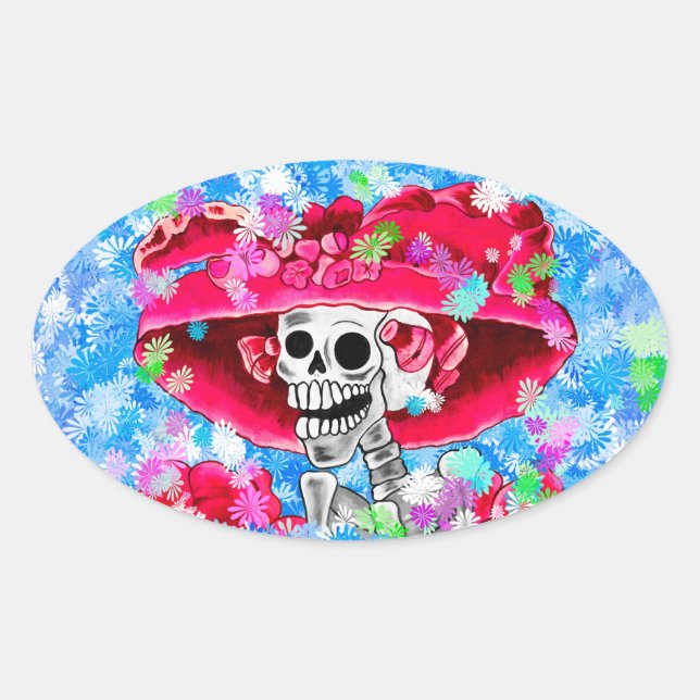 Skeleton-Frau in Red Bonnet auf Blue lachen Ovaler Aufkleber (Vorderseite)
